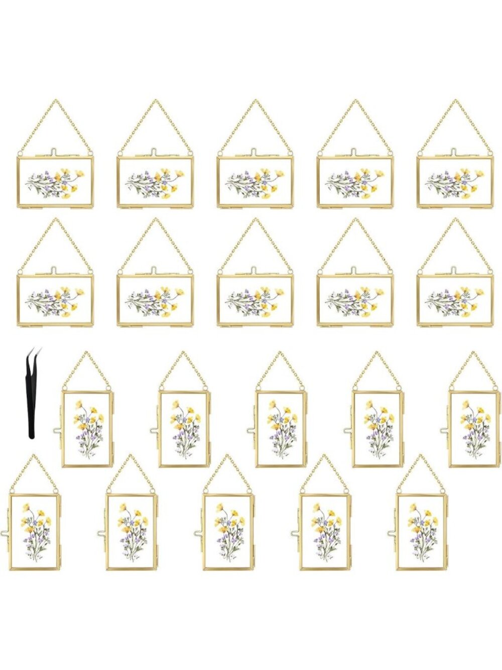 20 Pcs Double Glass Frames for Pressed Flowers & Art - Gold Hanging Ornaments